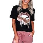 Fuyxxmer Womens Sequined Bling Sparkely Glittery Leopard Lips Graphic Print Casual Round Neck Short Sleeve Tee Tops T-Shirt Black