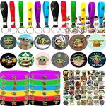 Baby Yoda Birthday Party Supplies, 109 Pack Party Favors - 12 Pack Bracelets, 12 Pack Keychains, 12 Pack Button Pins, 1 Pack Tattoo Sticker Set of 72 Stickers for Birthday Party Decorations