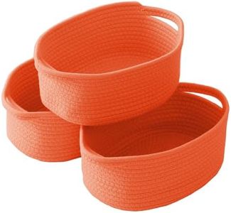 JMvicyroam Woven Basket, Small Rope Storage Bin with Handles & Ribbon Bag, Organizer for Shelves Closets Bathroom, Empty Gift Basket for Wedding Birthday Father's Day, Orange/3 Pack