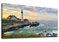 Sunset Sea Canvas Wall Art for Living Room Wall Decor Portland Head Lighthouse Canvas Pictures Sunset Seascape Ocean Canvas Prints Artwork Office Home Wall Decorations Framed Ready to Hang 50 x 100 CM