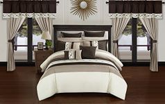 Chic at Home 24 Piece Comforter Set Color Block Embroidered Design Complete Bag Bedding, Cotton, Beige, Queen