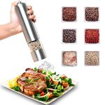 Rexmon Portable Electric Salt and Pepper Grinder - Electronic, Battery Operated Mill, Stainless Steel (Silver) 1 Pcs