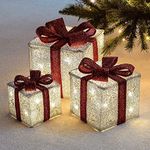 Greenfields Decorative Coloured Christmas Parcel LED Light Up Set with Bow Indoor Outdoor Decoration Xmas Lights - Set of 3 (Silver & Red)