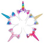  Unicorn Horn Headband Flower Ears Headband Rainbow Color 5 Pack in Different Design for Girl Party Birthday Cosplay Festivals