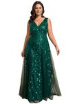 Ever-Pretty Womens Plus Size V Neck A Line Sequin Tulle Formal Dress 0734-DA1, A-dark Green, 16