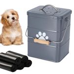 Dewsea Dog Poop Trash Can Outdoor, 1.5 Gallon 6L Metal Pet Waste Container with Lid and Odor Filter, Portable Bucket with Handle, 75 Leak-Proof Bags,Grey