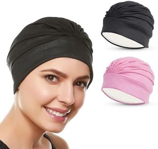 Beemo Swim Caps for Women Swimming Turban Polyester Latex Lined Pleated for Ladies-2pk BLK/LP