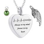 Hoisy Memorial Necklace Ashes, Memorial Necklace Heart Electrocardiogram Grandpa Always On My Mind Forever in My Heart with Memorial Birthstone Pendant & Angel Wings 50X2cm