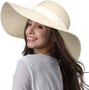 Womens Sun Straw Hat Wide Brim UPF 50 Summer Hat Foldable Roll up Floppy Beach Hats for Women