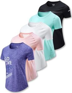 5 Pack: Women's Dry Fit Short Sleeve T Shirts, Athletic Workout Tee Tops for Gym Yoga Running, Pink/White/Black/Purple/Turquois, Medium