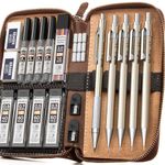 Nicpro 20PCS Metal Mechanical Pencil Set in Leather Case, Clutch Propelling Drafting Pencil 0.3, 0.5, 0.7, 0.9 mm & 2mm Lead Pencil Holders, Lead Refills(4B 2B HB 2H Colors) For Art Sketching Drawing