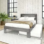 Max & Lily Modern Farmhouse Bed with Plank Headboard and Trundle, Full, Driftwood