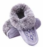 Women Moccasin Slippers Indoor,Leather Suede,Soft Sole,Fleece,Rabbit Fur,Slip On House Shoes,Grey 6 B(M) US