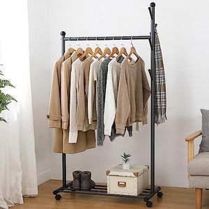 Forthcan Clothes Rack for Hanging Clothes Garment Rack Coat Rack Multi-functional Rolling Clothes Freestanding Hanger Organizer on Wheels Clothing Racks for Bedroom,Livingroom,Dorm (Black)