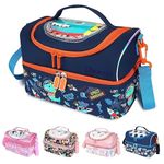 idensic Kids Double Decker Cooler Insulated Lunch Bag for Boys, Girls, Men, Women, with Adjustable Strap Reusable Toddler Lunchbox for School and Daycare Cute Travel Bags (Blue Dino)