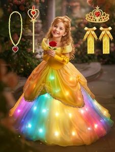 Princess Dress for Girls, RGB LED Light Up Syncs Music App Control Dress Up Clothes for Gilrs, Halloween Costume with Accessories Toddler Princess Dress for Birthday Party, Christmas, 3-10 Years Old