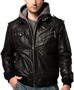FLAVOR Men Brown Leather Motorcycle Jacket with Removable Hood … (X-Large, Black+Gray)