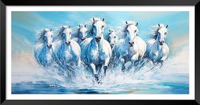 Canvas pe 7 Running horses vastu painting Blessing white horse abstract picture laminated coated Blue theme photo frame modern artwork for living office decor 14x26 inch gift Item synthetic wood