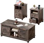 LUXOAK Farmhouse Table Set of 3, Coffee Table with Sliding Barn Doors, End Tables Set of 2 with Charging Station for Living Room & Bedroom, Sliding Barn Doors, 2 Tiers Storage Drawer, Dark Rustic Oak