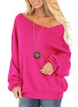 RANPHEE Womens Fall Fashion 2024 Hot Pink Long Sleeve Casual Pullover Sweatshirt Off One Shoulder Slouchy Baggy Sweater Ladies Clothing Trendy L