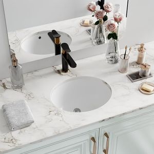 Undermount Bathroom Sink Oval, Hugsleek Interior Bowl Size 16 x 13 inch White Porcelain Ceramic Vessel Sink Under Counter Oval Exterior size 18x15in Bath Sink Bowl Basin Lavatory Vanity Fireclay