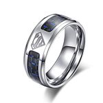 Sping Jewelry Super Hero Ring Blue Silver Tone Titanium Steel Carbon Fibre Inlay Band for Men Boys