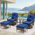 EROMMY 5 Pieces Outdoor Swivel Rocker Patio Chairs, 360 Degree Rocking Patio Conversation Set with Thickened Cushions, Glass Coffee Table and Ottomans for Backyard, Navy Blue