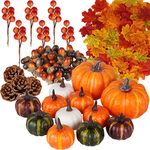 Artmag 162 Pcs Fall Artificial Maple Leaves, Harvest Pumpkins, Acorns, Pine Cones and Orange Berry Stems Set for Fall Thansgiving Halloween Decor Decoration