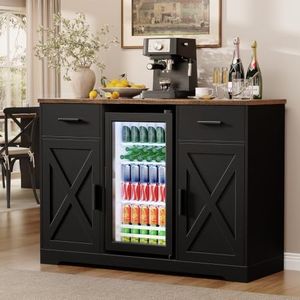 Aauro Home Coffee Bar Cabinet with Fridge (Fridge Included), 47'' Farmhouse Bar Cabinet with Storage, Buffet Sideboard Table Station with 2 Drawers & Large Countertop for Living Room, Kitchen, Black