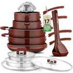 NutriChef 17pcs Stackable Pots and Pan Set, Stainless Steel Cookware Set Nonstick, Induction Cookware with Foldable Knob, Space Saving, Nylon Tools, Brown