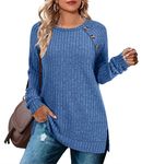 Aokosor Long Sleeve Tops Women Lightweight Jumpers Ladies Button Side Splits Tunic Dark Blue Size 14-16