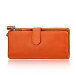 AprinCtempsD Women's Wallet Genuine Leather Ladies Clutch Purse Long Credit Card Organizer Large Capacity with Zipper (Orange)