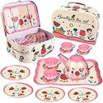 Tea Set for Girls,Kids Tea Party Set 15 PCS Pink Tin Tea Party Set for Toddlers Princess Tea Time Pretend Toy with Carrying Case,Kids Kitchen Pretend Play for 3 4 5 Year Old Girl Gifts