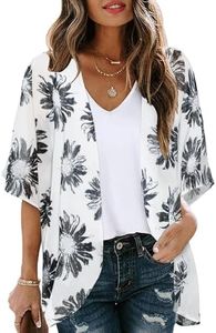 Women Daisy Kimono Cardigan Sheer Beach Coverup Chiffon Loose Casual Open Front Tops (Dasiy WhiteXL)