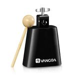 Vangoa 4-inch Cow Bell Metal Steel Noise Maker Cowbell Percussion Instrument Cow Bell with Handle Stick for Drumset Wedding Football Cheering Bell Games, Black