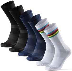 DANISH ENDURANCE Cycling Socks, Crew Length, Breathable, and Cushioned Bike Socks, for Men & Women, 3-Pack, Multicolor (1 X Stripes, 1 X Black, 1 X Blue)