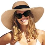 FURTALK Womens Sun Straw Wide Brim UPF 50 Summer Foldable Roll up Floppy Beach Hat for Women Khaki