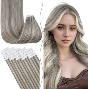 Full Shine 18" Tape in Ombre Hair Extensions Remy Tape in Hair Extensions Human Hair Balayage Color #4 Dark Brown Roots Fading to #8 Ash Brown and #22 Blonde 20 Pcs 50gram