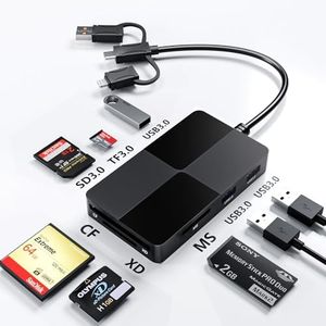 Memory Stick pro Duo Adapter XD Card Reader with Extra 3 USB 3.0 Ports - 8 in 1 MS/TF/XD/CF/SD Card Reader for iPhone 15/PC/Lightning Device, Read 5 Cards Simultaneously 5Gbps Digital Camera Adapter