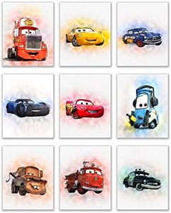 Cars Movie Poster Prints - Set of 9 (8 inches x 10 inches) Watercolor Photos - Lightning McQueen Tow Mater Doc Hudson Jackson Storm Cruz Ramirez