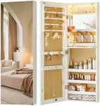LUXFURNI Mirror Jewelry Cabinet Wall Mounted with lights, 42" Tall Over The Door Hanging Jewelry Armoire, 3 Color Modes Jewelry Mirror Storage, Vanity Table with Interior Mirror, White
