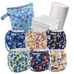 Reusable Nappies - Eco Friendly and Chemical Free Cloth Nappies - Includes 6 Washable Baby Diapers, 6 Bamboo Nappy Inserts, 1 Roll of Biodegradable Nappy Liner, Wet Bag