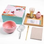 ZENRC Ceremony Matcha Kit - Traditional Bamboo Matcha Whisk (Chasen) Scoop (Chashaku) Chawan Bowl with Pouring Spout Whisk Holder Sifter Tea Tray- The Perfect Matcha Set (Baby Pink, Set of 7)