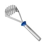 Farberware Professional Heavy Duty Stainless Steel Curved Head Potato Masher Tool, Kitchen Essential, Potato Smasher with Ergonomic Stainless Steel Handle, Blue Plastic Guard, Multi-use