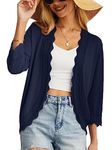 GRECERELLE Womens Lightweight Open Front Cardigan Sweater 3/4 Sleeve Casual Cropped Knit Tops Elegant Shrug for Women Navy Blue-L