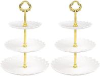 2 Pack 3-Tier Cupcake Standm, 30cm White Afternoon Tea Server Plates Stands, Plastic Round Cup Cake Fruit Dessert Party, Reusable Food Serving Platter Stand for Wedding, Party, Birthday-White