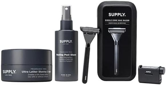 SUPPLY Single Edge Max Shaving Starter Kit for Men – Includes Safety Razor in Sterling, 8 Black Label Blade Refills and Shaving Cream 3.4 oz & Post Shave Lotion 2 oz in Sandalwood & Cedar