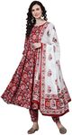 Amayra Women's Rayon Printed Anarkali Kurti with Palazzos and Dupatta Set, Maroon, Small