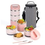 Lille Home 3-Layer Stainless Steel Lunch Box 1.43L- Leakproof, BPA-Free Insulated Bento Box for On-The-Go Meal Prep, Stackable Food Container for Women & Men (Pink)