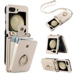 Asuwish Phone Case for Samsung Galaxy Z Flip 6 5G 2024 Wallet Cell Cover with Screen Protector and Crossbody Strap Ring Stand RFID Credit Card Holder ZFlip6 Z6 G Flip6 6Z Women Girls Beige
